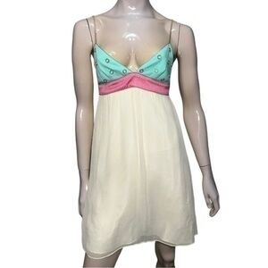 Lauren Moffatt Vintage 90’s Women’s Size 2 Blue Pink Cream Silk Babydoll Dress